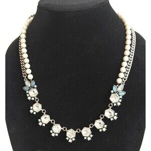 LOFT Necklace Art Deco Hexagon Womens 22" Inches Faux Pearls Silver Sparkle